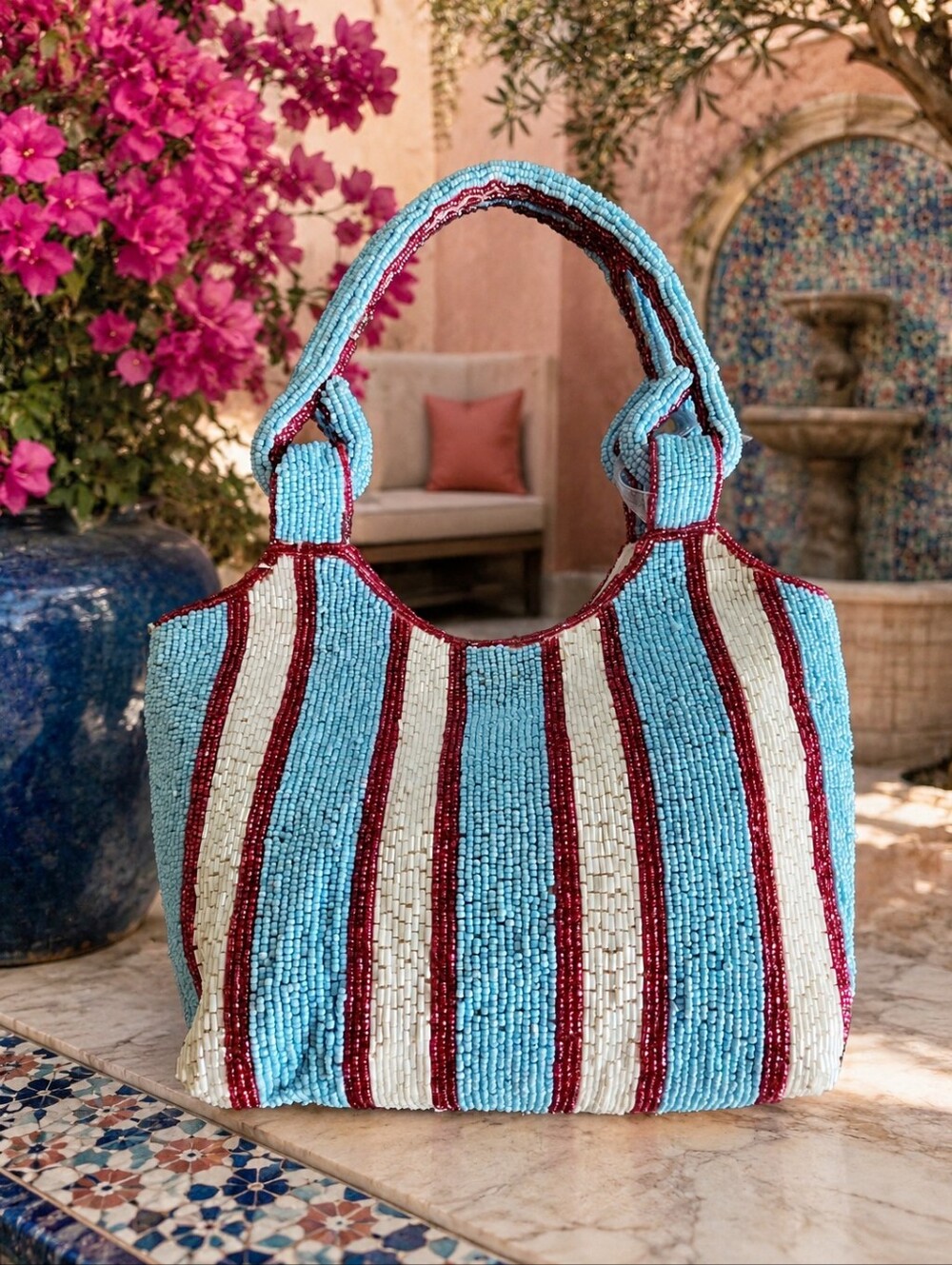 Beaded Striped Tote Bucket Bag - Blue, White & Red  Made In India NWT